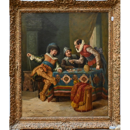 524 - Andreo Barotti (Roma) - Genre study of three 17th century gentlemen playing dice, oil on canvas, sig... 