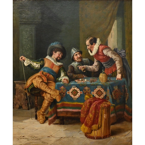 524 - Andreo Barotti (Roma) - Genre study of three 17th century gentlemen playing dice, oil on canvas, sig... 