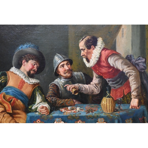 524 - Andreo Barotti (Roma) - Genre study of three 17th century gentlemen playing dice, oil on canvas, sig... 