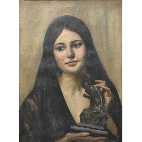 528 - Early 20th century English school - Young lady holding a sculpture, oil on canvas, signed indistinct... 