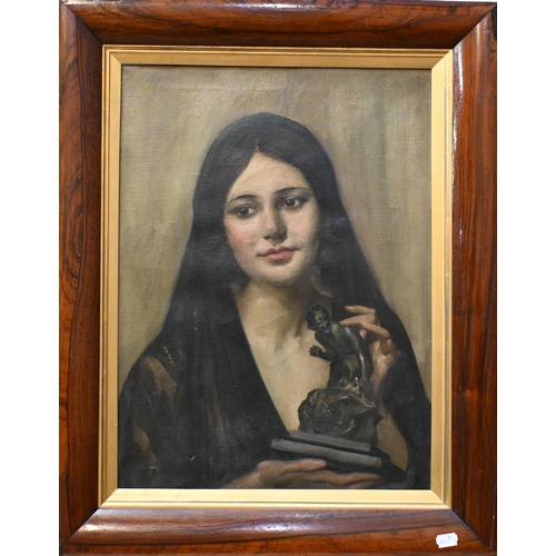 528 - Early 20th century English school - Young lady holding a sculpture, oil on canvas, signed indistinct... 