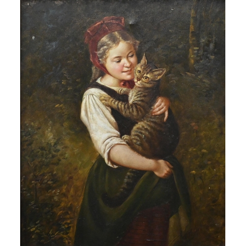 533 - R Ventriss - Young girl holding a tabby cat, oil on canvas, signed lower right, 59 x 49 cm