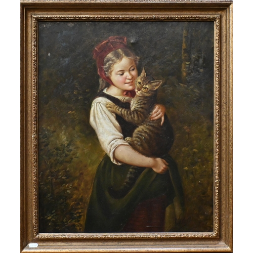 533 - R Ventriss - Young girl holding a tabby cat, oil on canvas, signed lower right, 59 x 49 cm