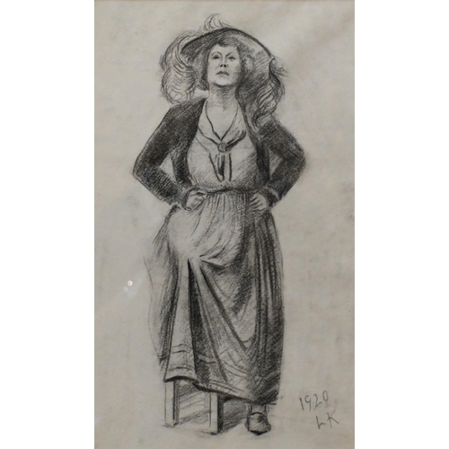 536 - Laura Knight attrib - Study of a woman in period dress, pencil, initialled LK, 35 x 20.5 cm