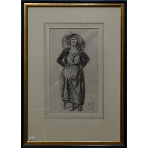 536 - Laura Knight attrib - Study of a woman in period dress, pencil, initialled LK, 35 x 20.5 cm