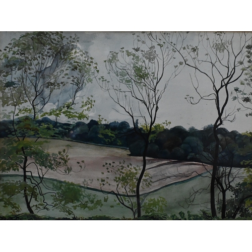 537 - Pauline Konody - 'The ploughed field', rural landscape with trees in foreground, watercolour, 34 x 4... 