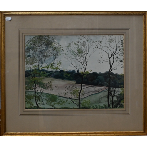 537 - Pauline Konody - 'The ploughed field', rural landscape with trees in foreground, watercolour, 34 x 4... 