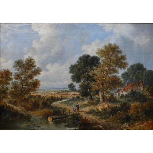 543 - 19th century English school - A pastoral view with figures, possibly Salisbury in distance, oil on c... 