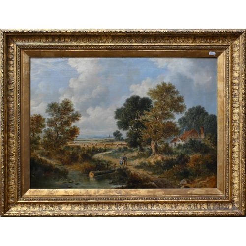 543 - 19th century English school - A pastoral view with figures, possibly Salisbury in distance, oil on c... 