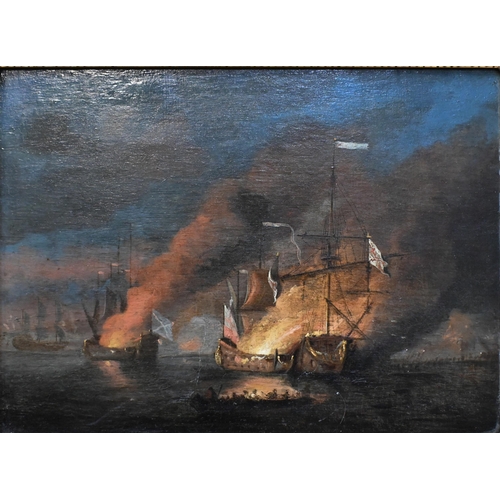 544 - 19th century English school - Fireships, oil on panel, 23.5 x 32 cm