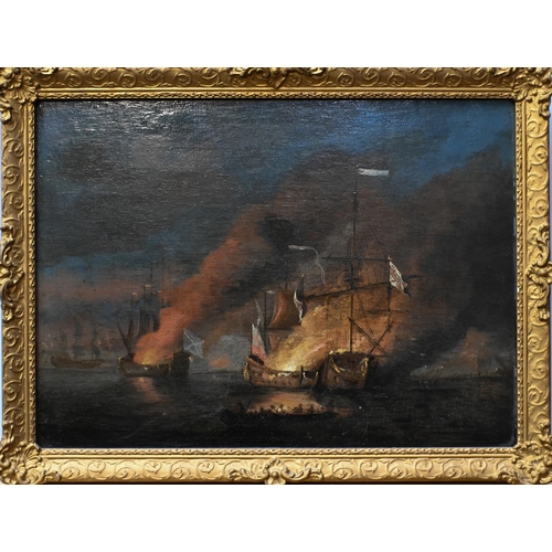 544 - 19th century English school - Fireships, oil on panel, 23.5 x 32 cm