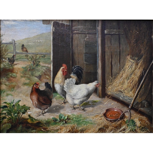 547 - Edgar Hunt (1876-1953) - Chickens in a farmyard, oil on canvas, signed and dated '31, 29 x 39 cm