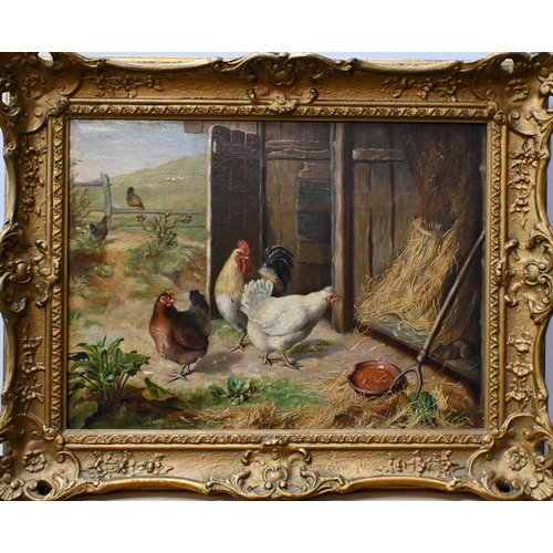 547 - Edgar Hunt (1876-1953) - Chickens in a farmyard, oil on canvas, signed and dated '31, 29 x 39 cm