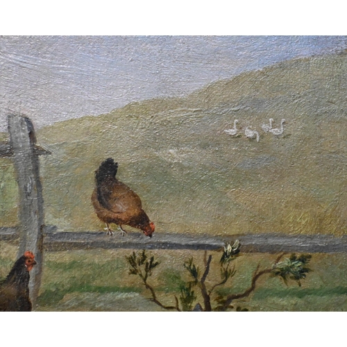 547 - Edgar Hunt (1876-1953) - Chickens in a farmyard, oil on canvas, signed and dated '31, 29 x 39 cm