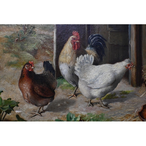 547 - Edgar Hunt (1876-1953) - Chickens in a farmyard, oil on canvas, signed and dated '31, 29 x 39 cm