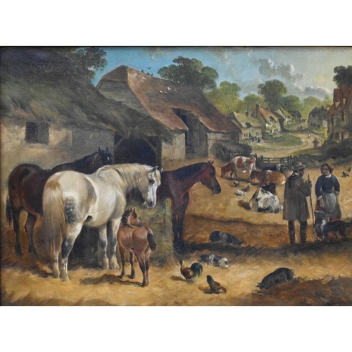 553 - Manner of Herring - A farmstead with horses, oil on canvas, 29 x 39 cm