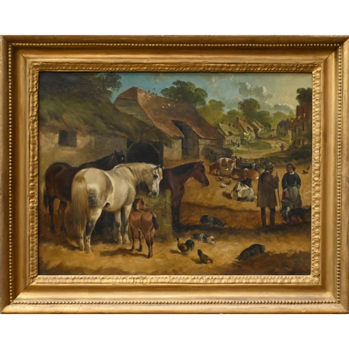 553 - Manner of Herring - A farmstead with horses, oil on canvas, 29 x 39 cm