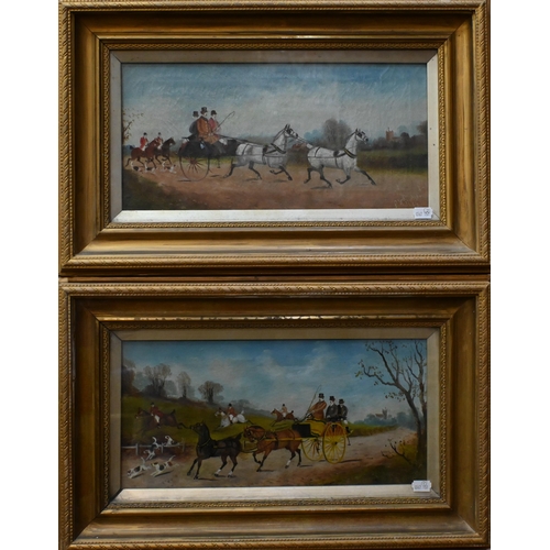 554 - P Richards - A pair of coaching studies, oil on canvas, signed, 18 x 38 cm (2)