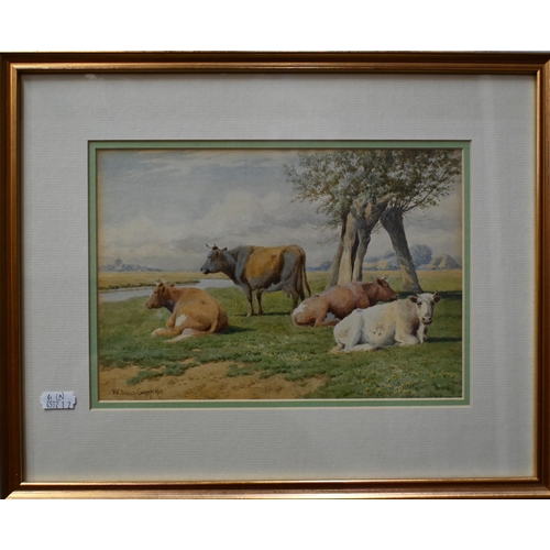 556 - W Sidney Cooper (1854-1927) - A pair of watercolours of sheep and cattle in a landscape, signed and ... 