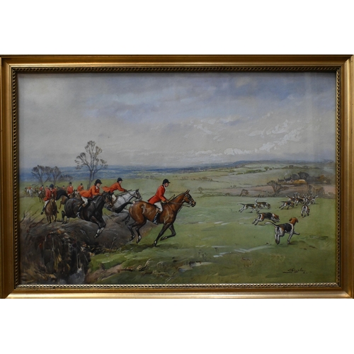 557 - H Gresley - 'The Meynell Hunt, near Chellaston', watercolour, signed, 37 x 54 cm