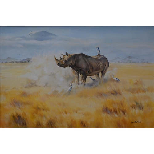 571 - Mary Elliott Lacey (1923-2004) - Rhinoceros on a savannah, oil on canvas, signed, 49 x 74 cm