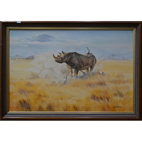 571 - Mary Elliott Lacey (1923-2004) - Rhinoceros on a savannah, oil on canvas, signed, 49 x 74 cm