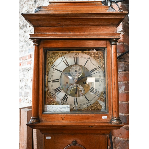 637 - Crampern, Newark, an early 18th century oak 8-day longcase clock, the movement striking on a bell, t... 