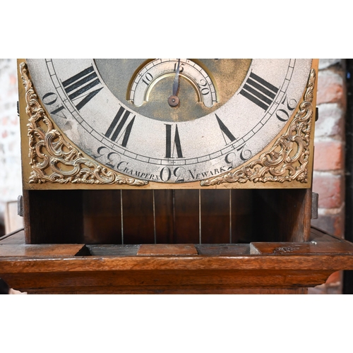 637 - Crampern, Newark, an early 18th century oak 8-day longcase clock, the movement striking on a bell, t... 