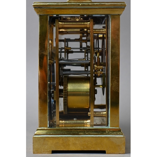 649 - A French lacquered brass 8-day carriage clock, the two train movement with white enamelled dial sign... 