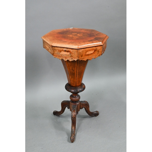 658 - A Victorian floral marquetry walnut work table, of octagonal form, the hinged top enclosing a paper ... 