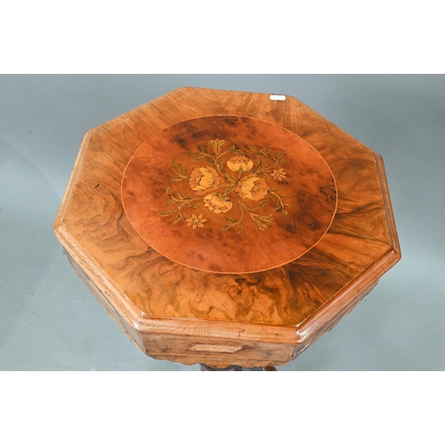 658 - A Victorian floral marquetry walnut work table, of octagonal form, the hinged top enclosing a paper ... 