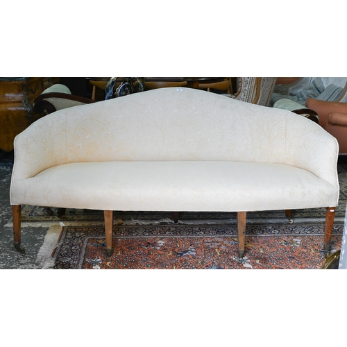 665 - A Georgian style hump-back cream damask upholstered sofa, raised on six legs to castors, 194 x 68 x ... 