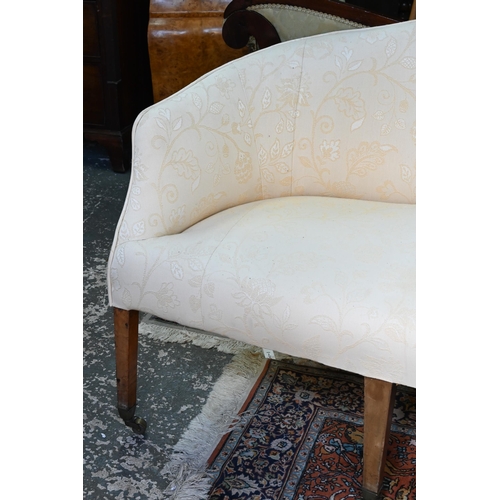 665 - A Georgian style hump-back cream damask upholstered sofa, raised on six legs to castors, 194 x 68 x ... 