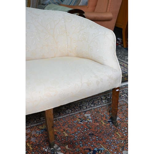 665 - A Georgian style hump-back cream damask upholstered sofa, raised on six legs to castors, 194 x 68 x ... 