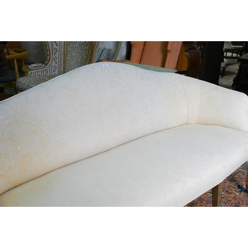 665 - A Georgian style hump-back cream damask upholstered sofa, raised on six legs to castors, 194 x 68 x ... 