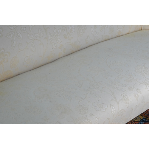 665 - A Georgian style hump-back cream damask upholstered sofa, raised on six legs to castors, 194 x 68 x ... 