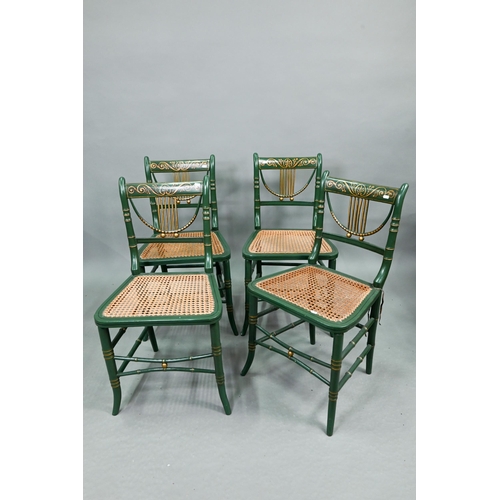 666 - A set of four Regency gilt and green painted faux bamboo salon side chairs, with caned seats (4)