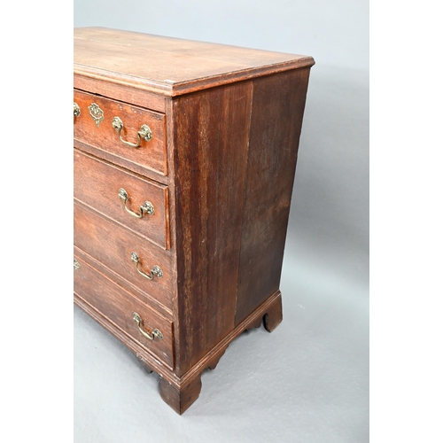 680 - An 18th century oak chest of two short over three long graduated cock-beaded drawers, with brass fit... 