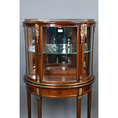 686 - A good late 19th century brass inlaid and mounted red walnut demi-lune salon vitrine cabinet, the pi... 