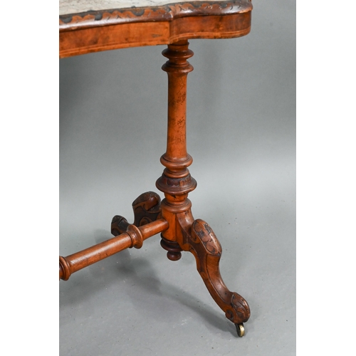 693 - A Victorian inlaid walnut centre table, the shaped and figured veneered top over turned and moulded ... 