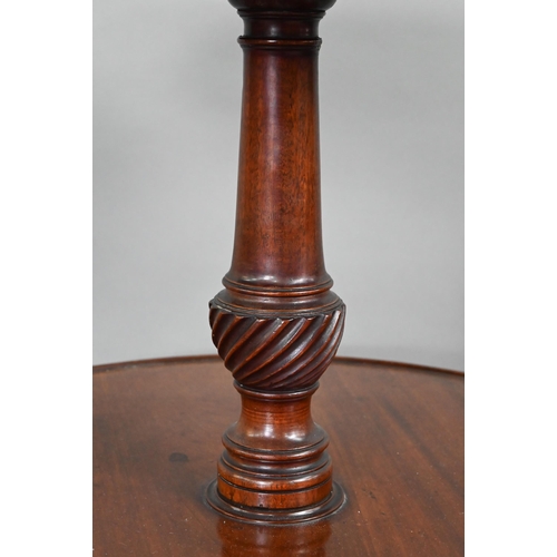 704 - A Victorian mahogany two graduated dumb waiter, on tripod base, 60 cm dia. x 98 cm h