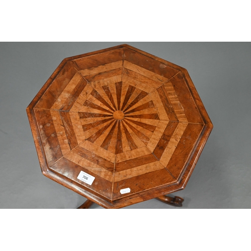 706 - A Victorian radially veneered octagonal top tripod table, 45 cm dia. x 69 cm h