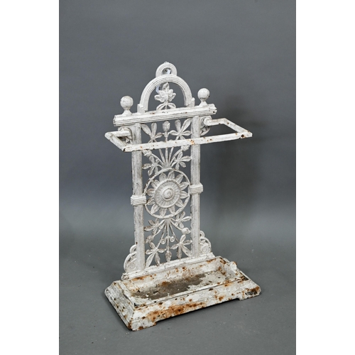 709 - An antique cast iron umbrella stand, with removeable drip tray, 44 cm w x 22 cm x 74 cm h, painted w... 