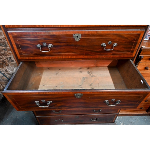 719 - A Victorian cross banded and inlaid bright mahogany chest on chest, the dentil moulded cornice over ... 