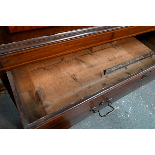 719 - A Victorian cross banded and inlaid bright mahogany chest on chest, the dentil moulded cornice over ... 