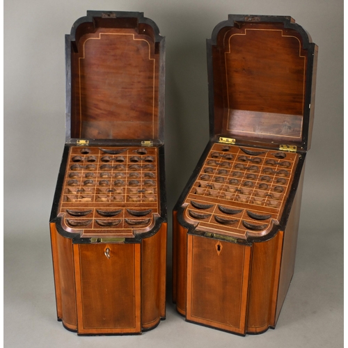 725 - A pair of Georgian cross-banded and inlaid satinwood knife boxes, of slope top serpentine form, the ... 