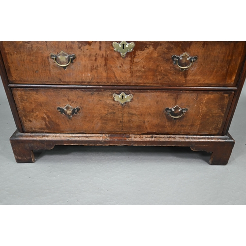 731 - An 18th century feather-banded walnut chest of two short over three long graduated drawers, with bra... 