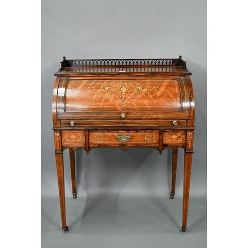 733 - A late 19th century floral and urn inlaid rosewood cylinder bureau, the pierced gilt brass 3/4 galle... 