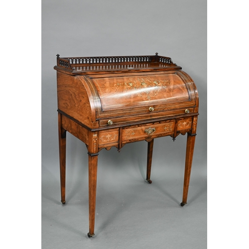 733 - A late 19th century floral and urn inlaid rosewood cylinder bureau, the pierced gilt brass 3/4 galle... 