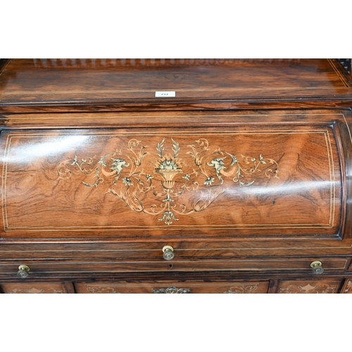733 - A late 19th century floral and urn inlaid rosewood cylinder bureau, the pierced gilt brass 3/4 galle... 